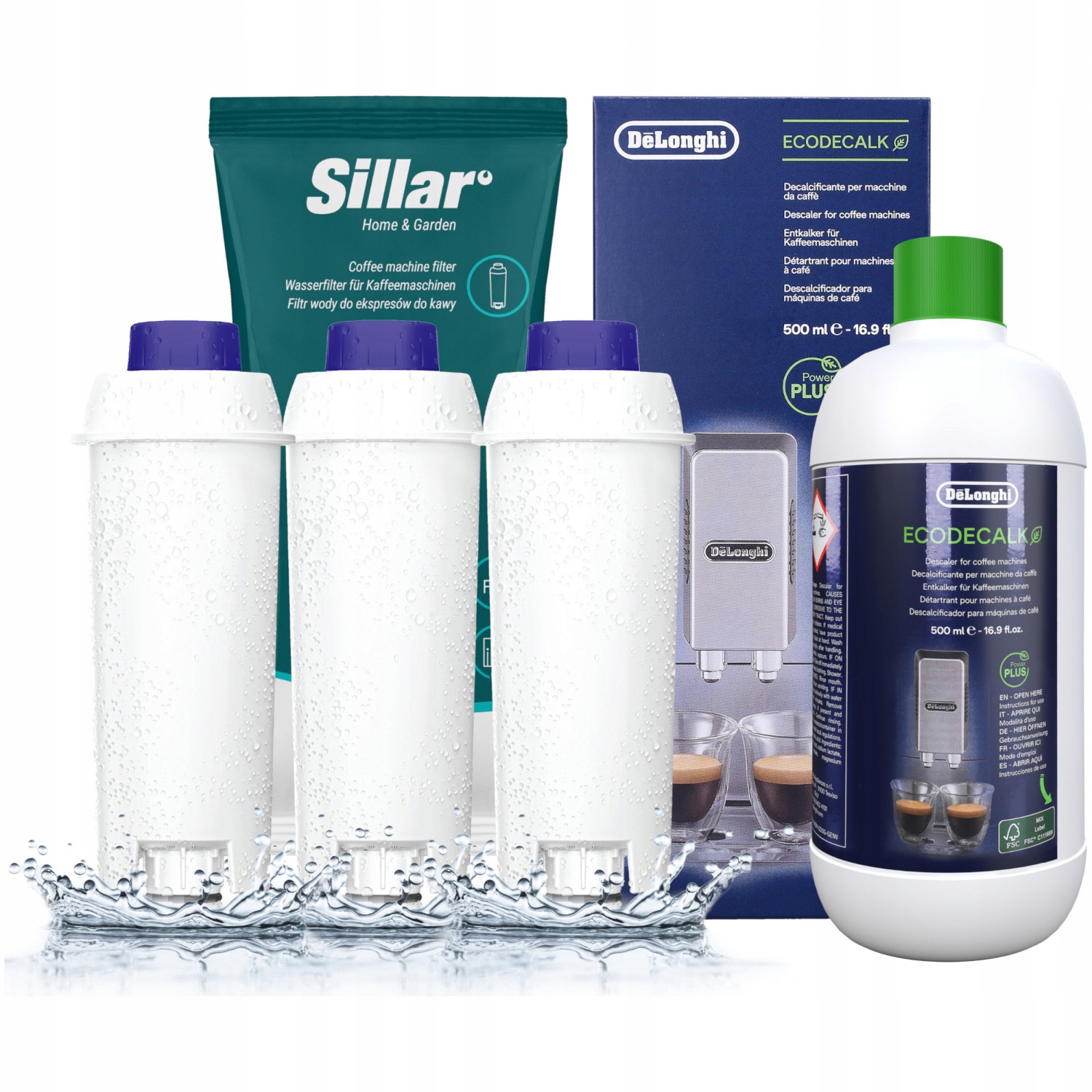 3× vodné filtre Sillar SIL001 do kávovaru Delonghi + odstraňovač vodného kameňa Delonghi Ecodecalk DLSC500 500 ml